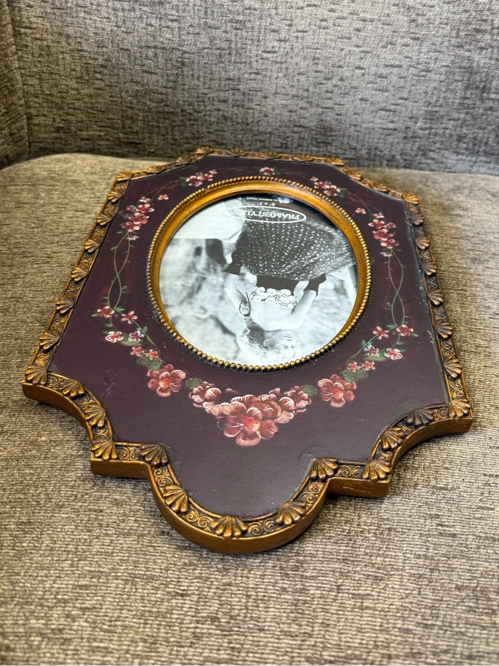 Vintage Painted Floral and Ornate Gold Trim Heavy Picture Frame.